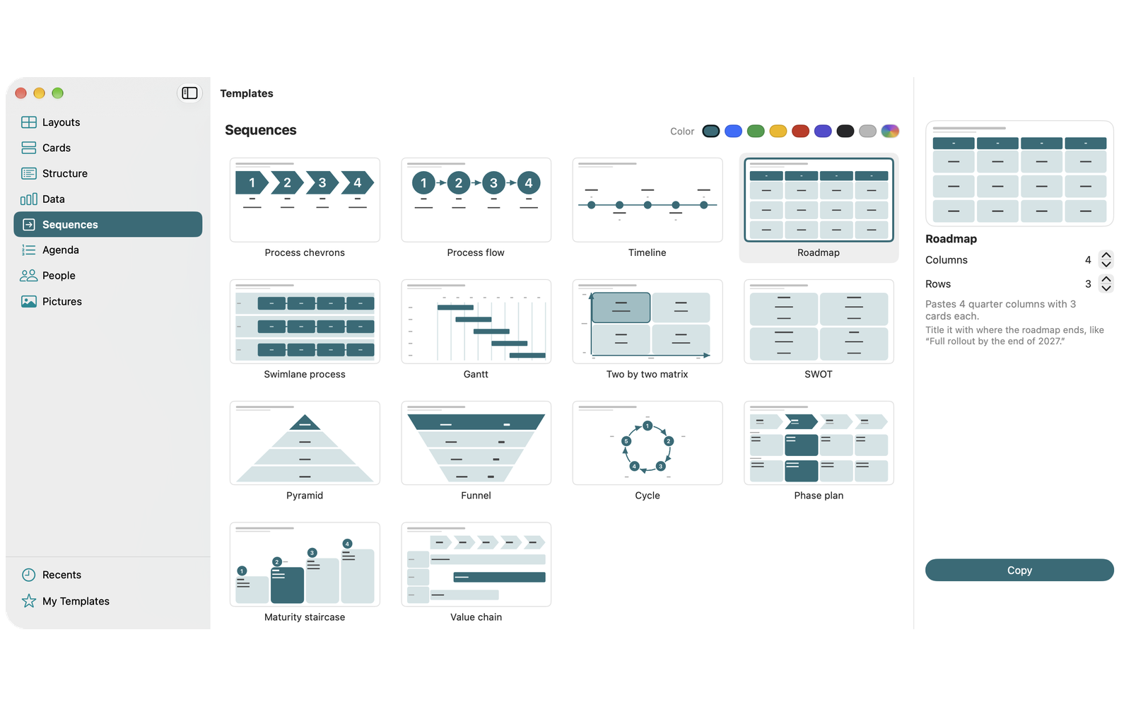 Slide templates such as roadmap, Gantt and SWOT: the Templates window open on Sequences, with the Roadmap template selected